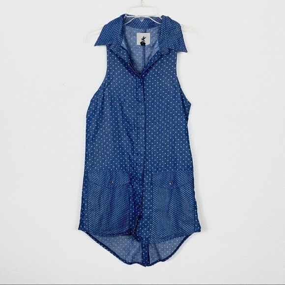 One Teaspoon Homesick Blues Chambray Polka Dot Sleeveless Shirt Dress - Picture 2 of 7